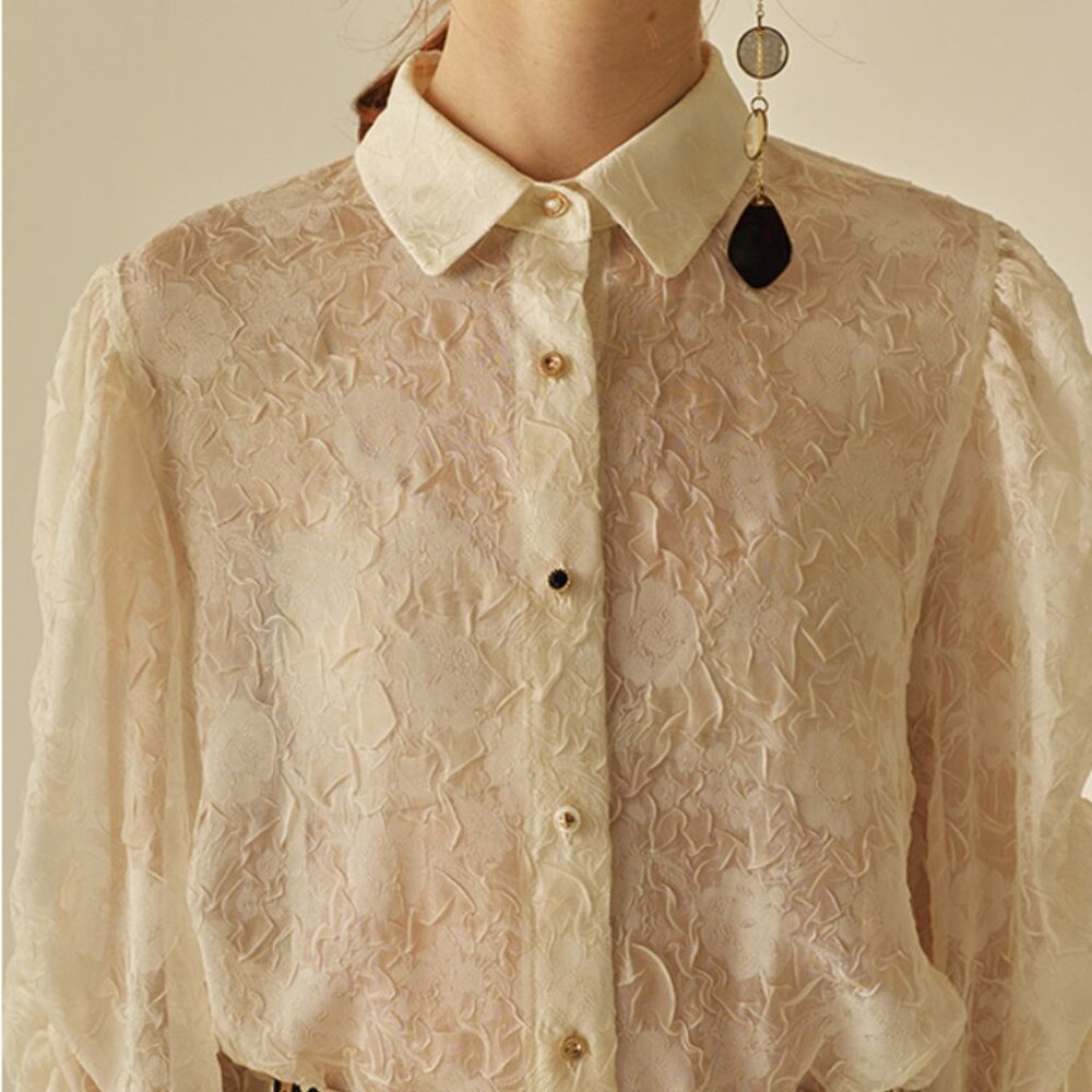 OH L Rose Puff Shirring Blouse Cream - Picture 2 of 6